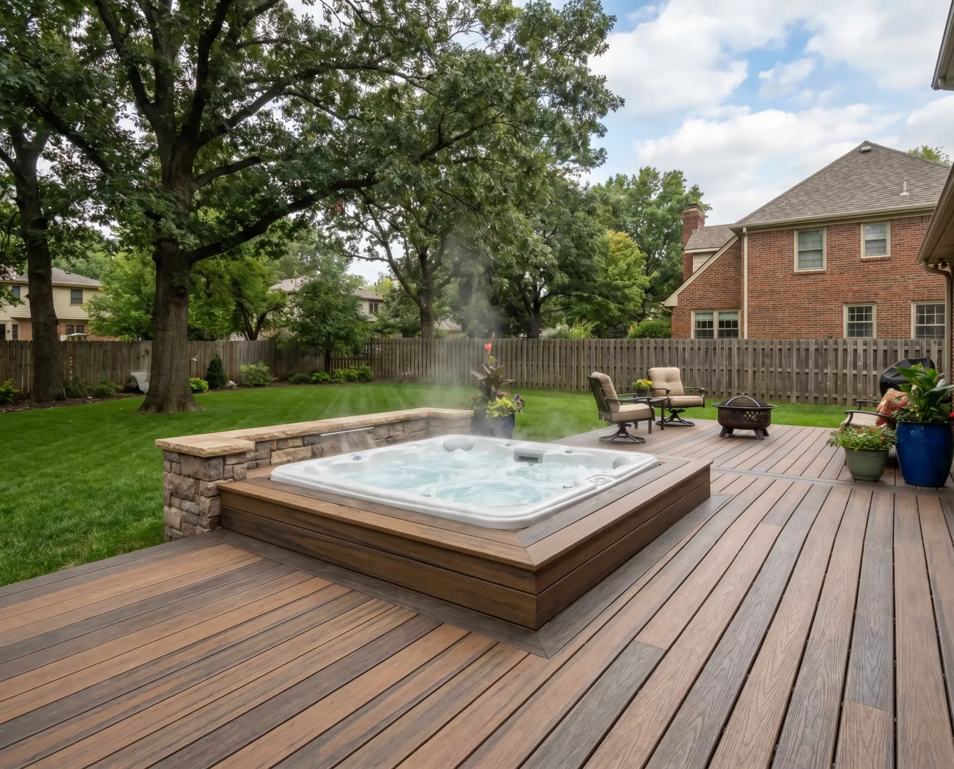 Wooden backyard deck with a built-in hot tub, lounge chairs, and a wooden privacy fence with large trees beyond the yard.
