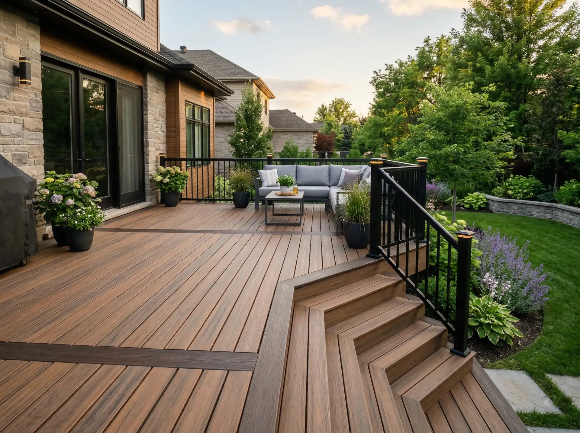 Wide wooden deck with steps and black railing, outdoor seating area with a gray sofa and small table amid potted plants and greenery.