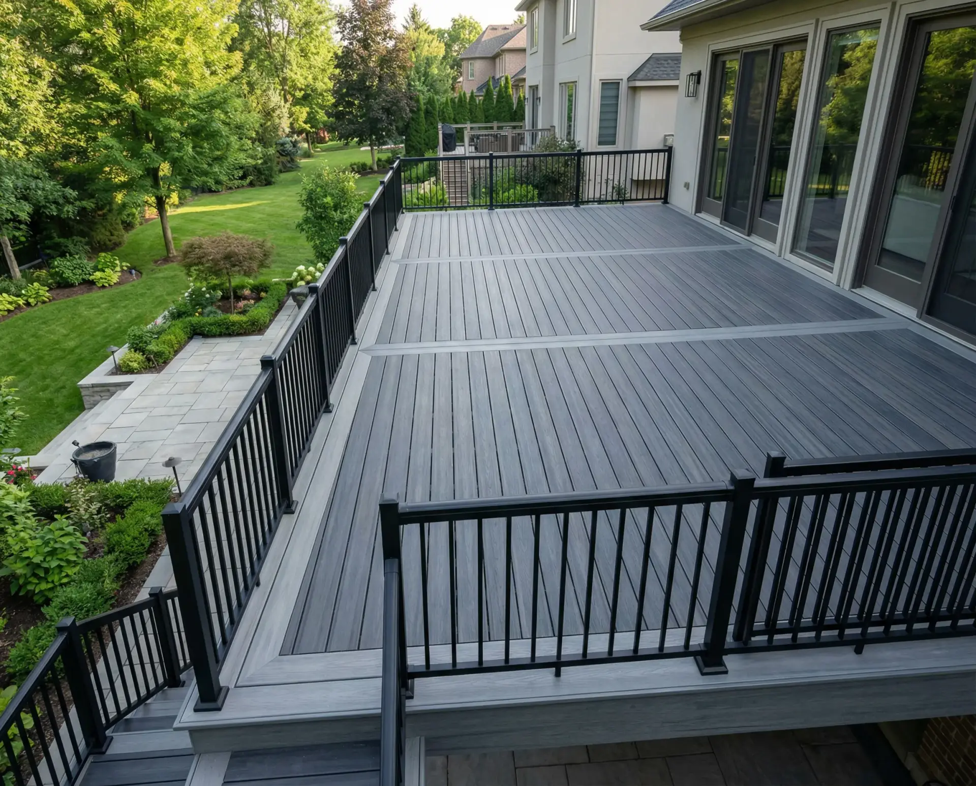 Elevated gray wooden deck with black metal railings and sliding glass doors, overlooking a green backyard with trees and neighboring homes.