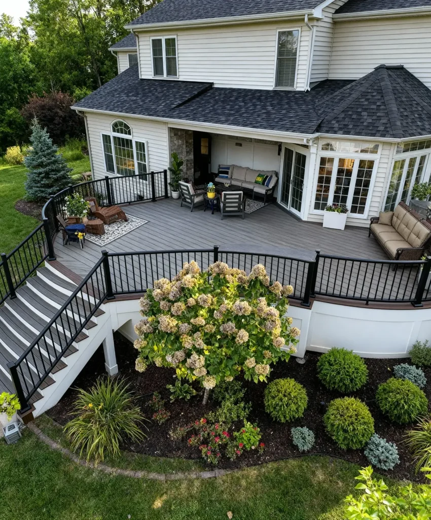 Aerial view of a beige house with a multi-level gray deck, black railing, and outdoor seating surrounded by landscaped flower beds and trees.