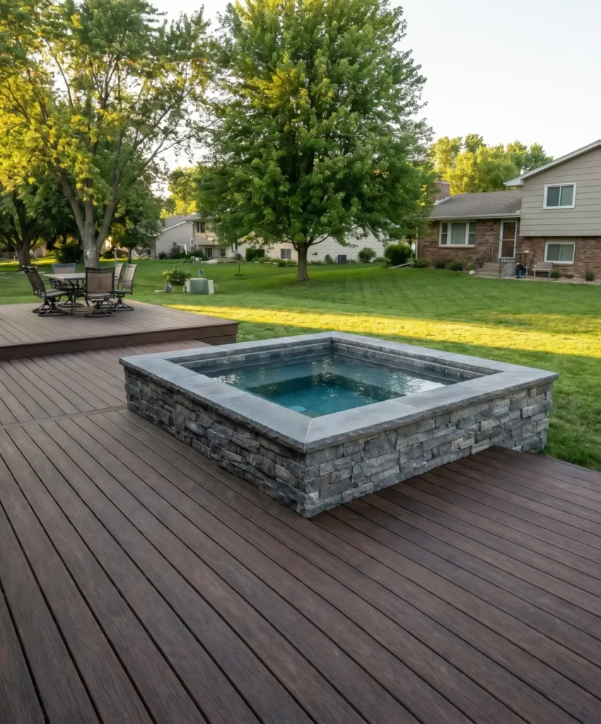 Backyard scene with wooden deck, a stone-lined in-ground pool, and green lawn bordered by trees and suburban houses in the background.