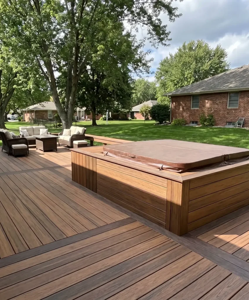 Backyard patio with a wooden deck, outdoor seating, and a large wooden hot tub, green lawn and trees in the background with brick houses nearby.