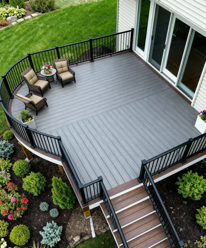 A curved wooden deck with black railing overlooking a lush green lawn and garden beds beside a sliding glass door.