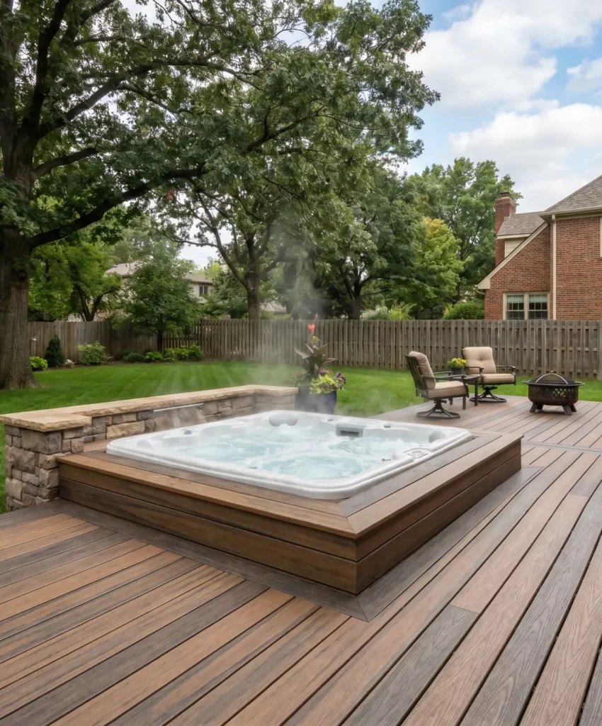 Backyard with a wooden deck, built-in hot tub, outdoor seating, and large trees behind a wooden fence in a suburban yard.