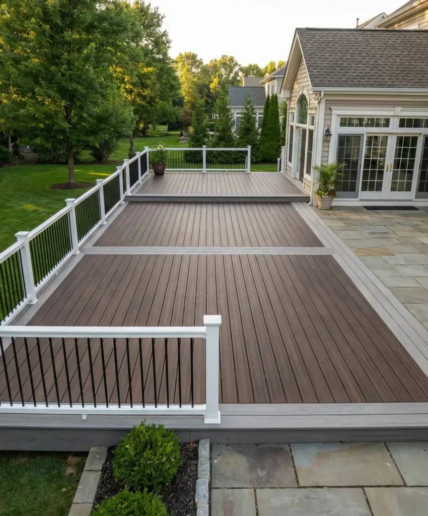 Leading trex-deck-builder-west-omaha showcasing a Transcend Lineage deck with heat-mitigating technology and hidden fasteners, meeting West Omaha's 115mph wind-load requirements.